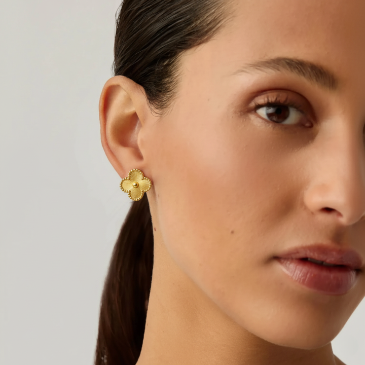 Gold Clover Stud Earrings with&nbsp; Elegant Beaded Design