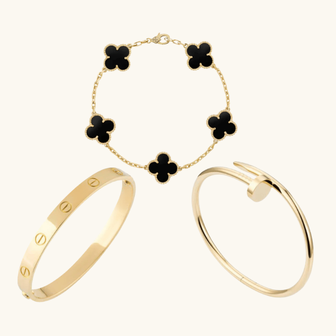 Gold Bracelet Set with Black Clover Charms