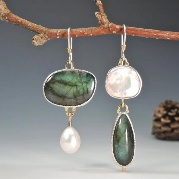 Asymmetric Gemstone and Pearl Drop Earrings