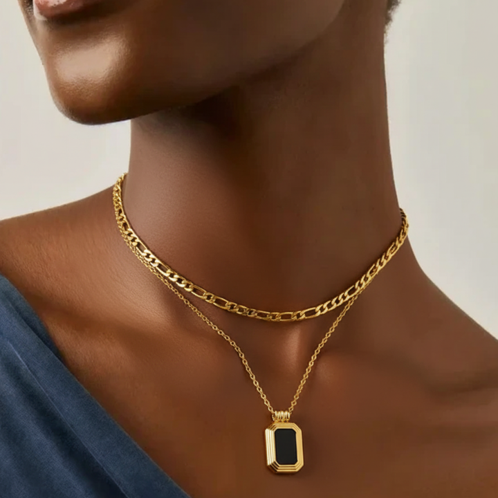 Layered Black Stone Pendant Dual-Chain Necklace