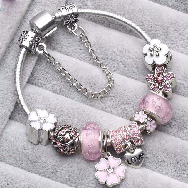 Silver Charm Bracelet with Pink Crystal Flowers