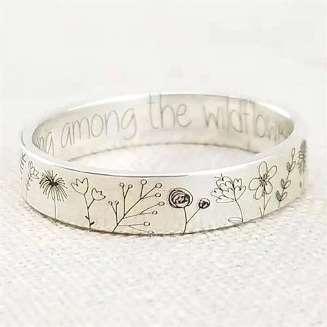 Engraved Wildflower Silver Ring