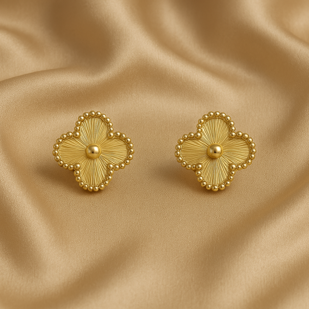 Gold Clover Stud Earrings with&nbsp; Elegant Beaded Design