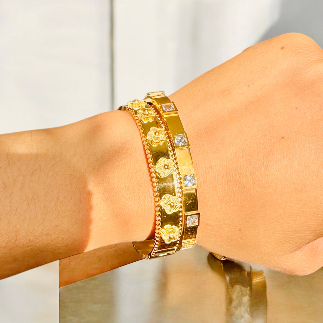 Gold Square Stone Bangle with Modern Detailing