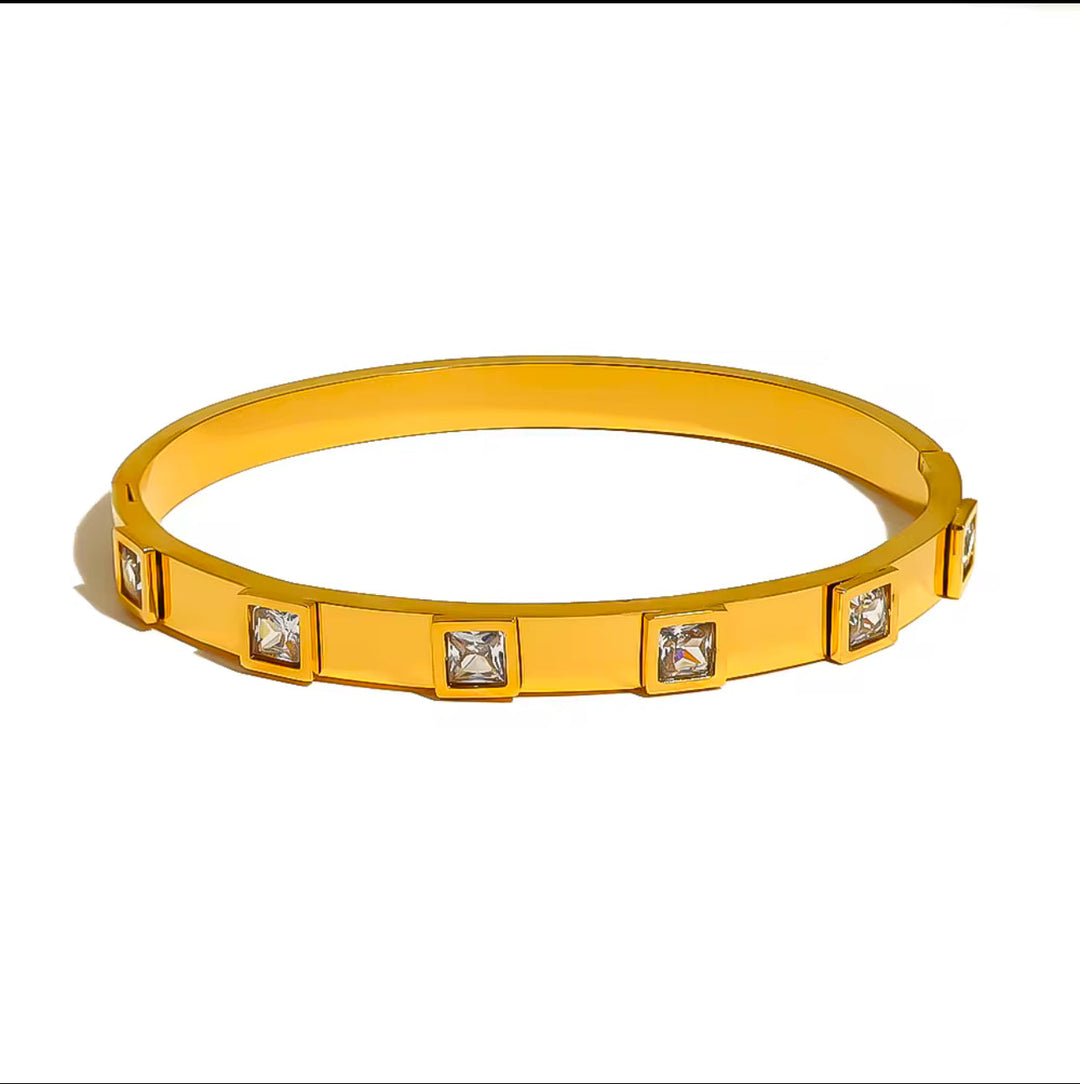 Gold Square Stone Bangle with Modern Detailing