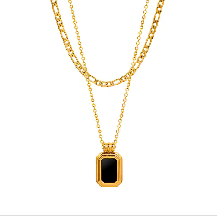 Layered Black Stone Pendant Dual-Chain Necklace