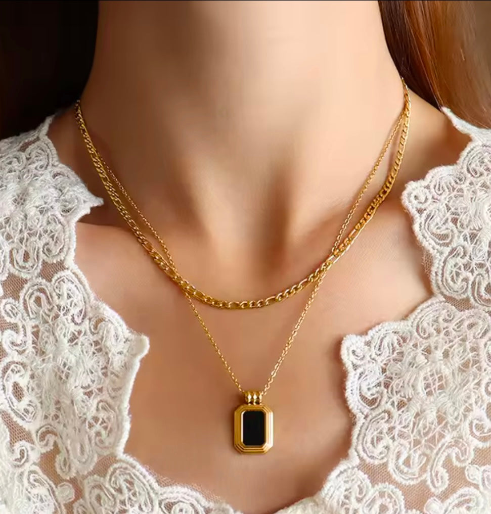 Layered Black Stone Pendant Dual-Chain Necklace