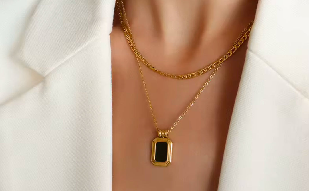 Layered Black Stone Pendant Dual-Chain Necklace