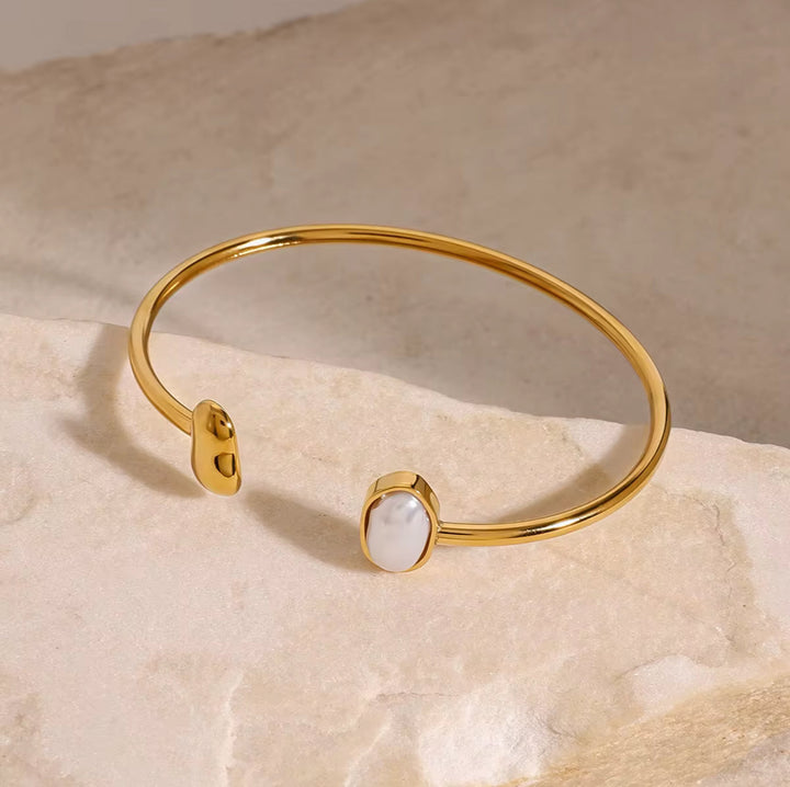 Minimalist Pearl Open Gold Cuff Bangle