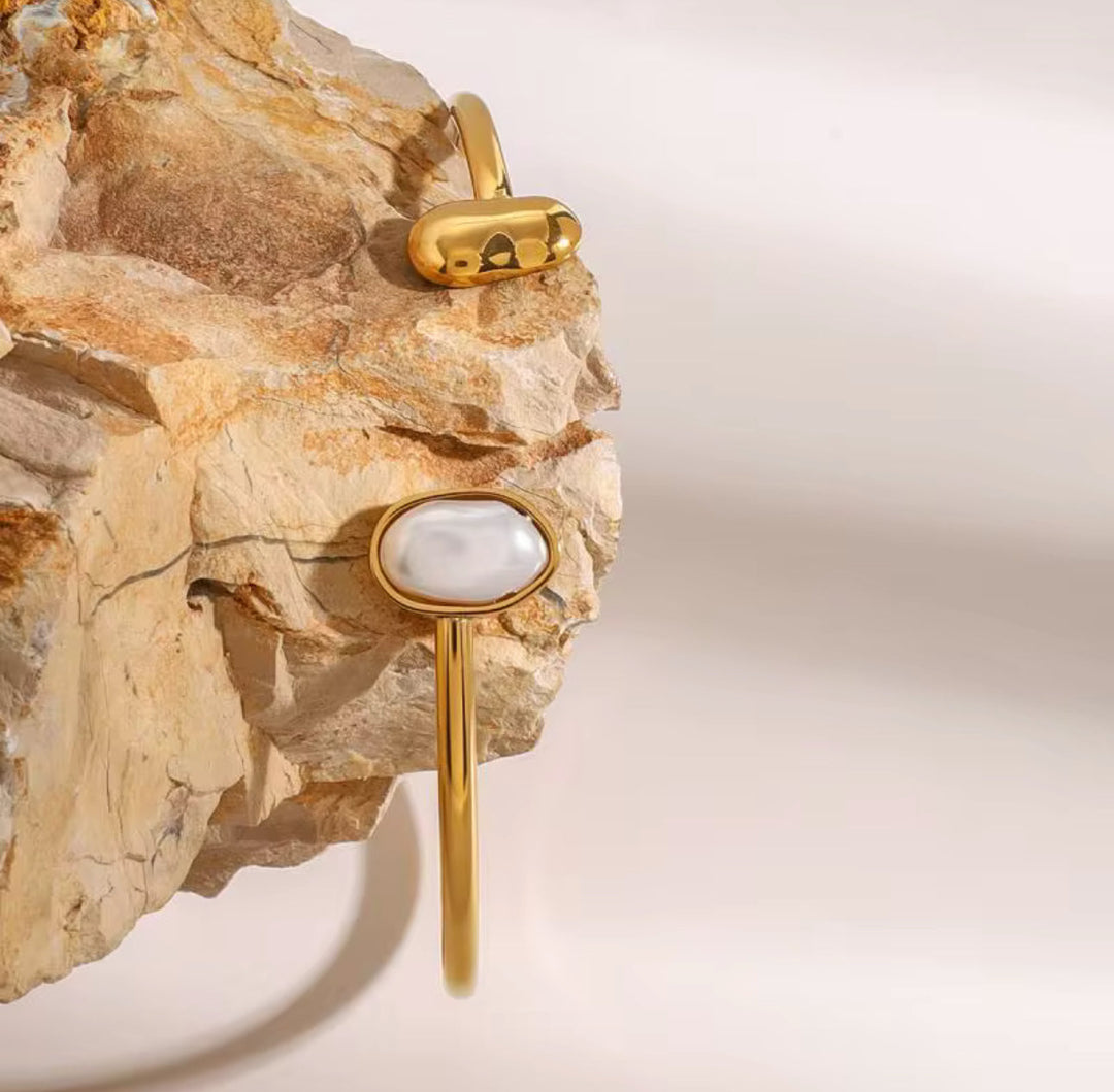 Minimalist Pearl Open Gold Cuff Bangle