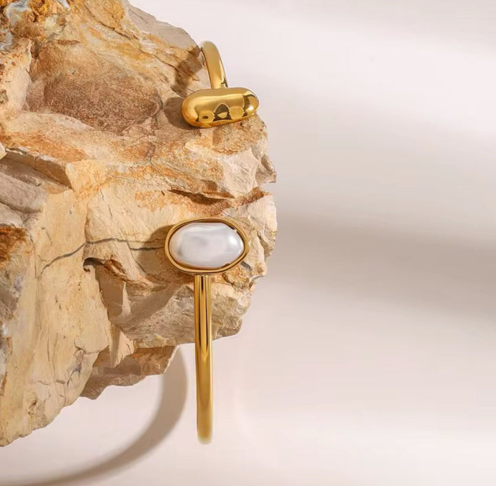 Minimalist Pearl Open Gold Cuff Bangle
