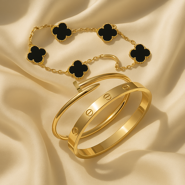 Gold Bracelet Set with Black Clover Charms