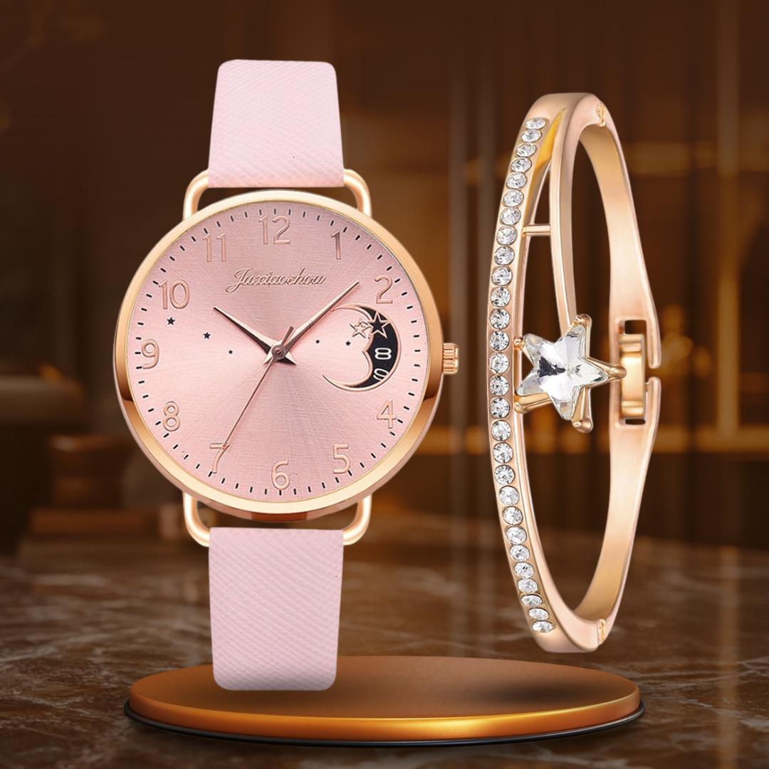 Elegant Watch with Moon Phase and Matching Bracelet – Stylish Design for Everyday Use