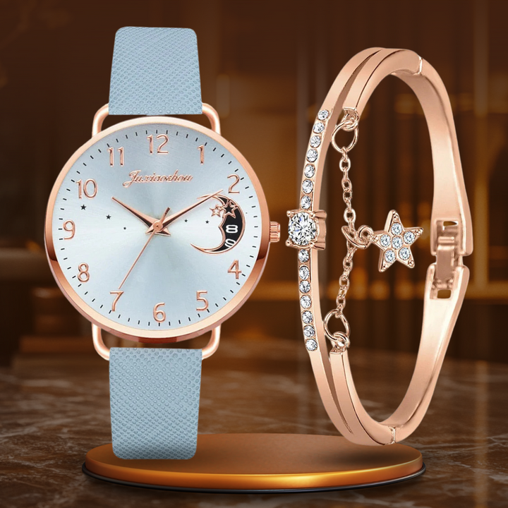 Elegant Watch with Moon Phase and Matching Bracelet – Stylish Design for Everyday Use