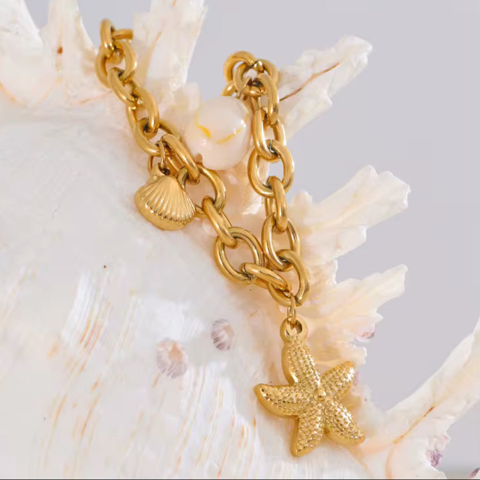 Gold Starfish & Shell Chain Bracelet