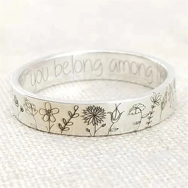 Engraved Wildflower Silver Ring