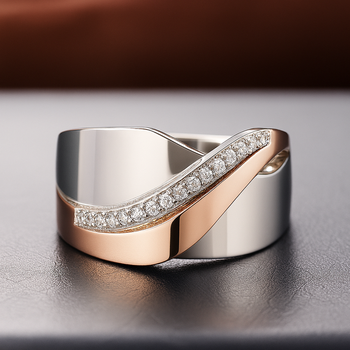 Vintage rose gold and silver ring with zirconium