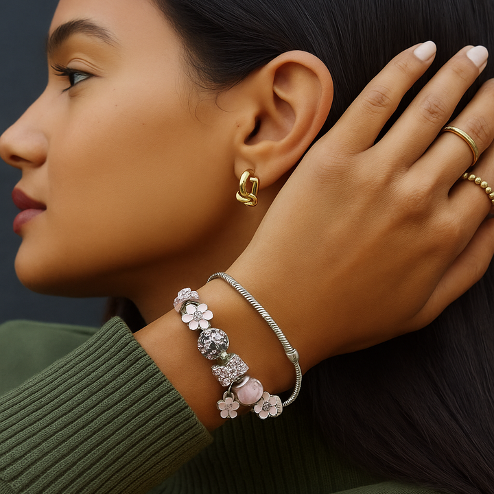 Silver Charm Bracelet with Pink Crystal Flowers